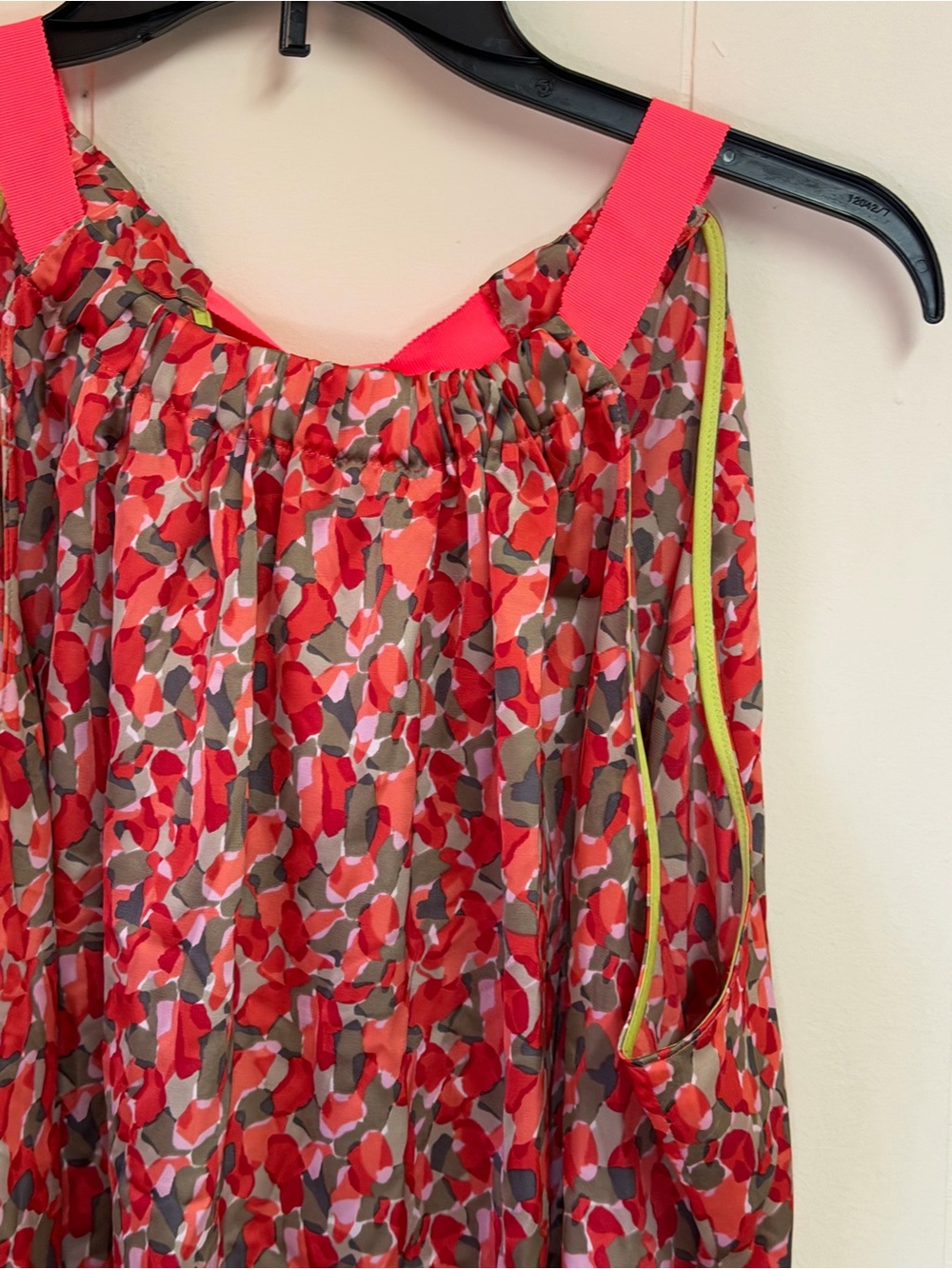 Tahari Coral & Olive Printed Tie-Neck Blouse with Neon Trim